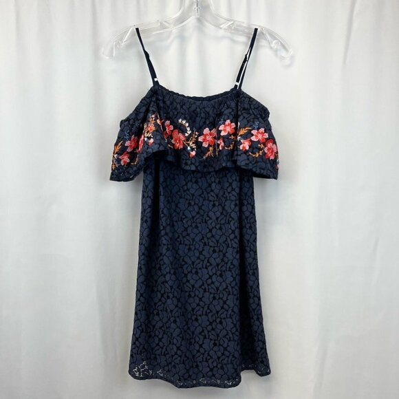 Blu Pepper Womens Dress Blue Floral Embroidered Lace Overlay Spaghetti Strap S - Picture 2 of 11